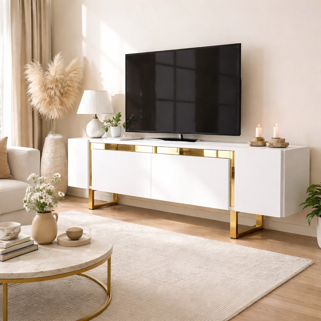 TV Cabinet White Yildiz 180x50x30 - Gold Frame