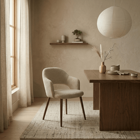 Japandi dining chair in sand-coloured bouclé Aki – walnut frame – with armrests