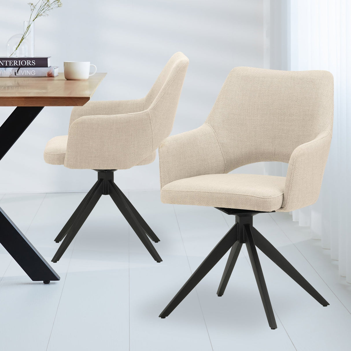 Set of 4 Rotatable Dining Chairs Sid Beige Fabric - With Armrests 
