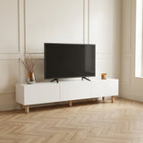 Modern TV Furniture Alvin white with wooden legs 180 cm - AI restyle in minimalist interior with herringbone floor