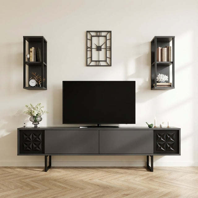 TV Meubel Set Black Line Antraciet Zwart Melamine 180x48x30 cm sfeerfoto in modern interieur