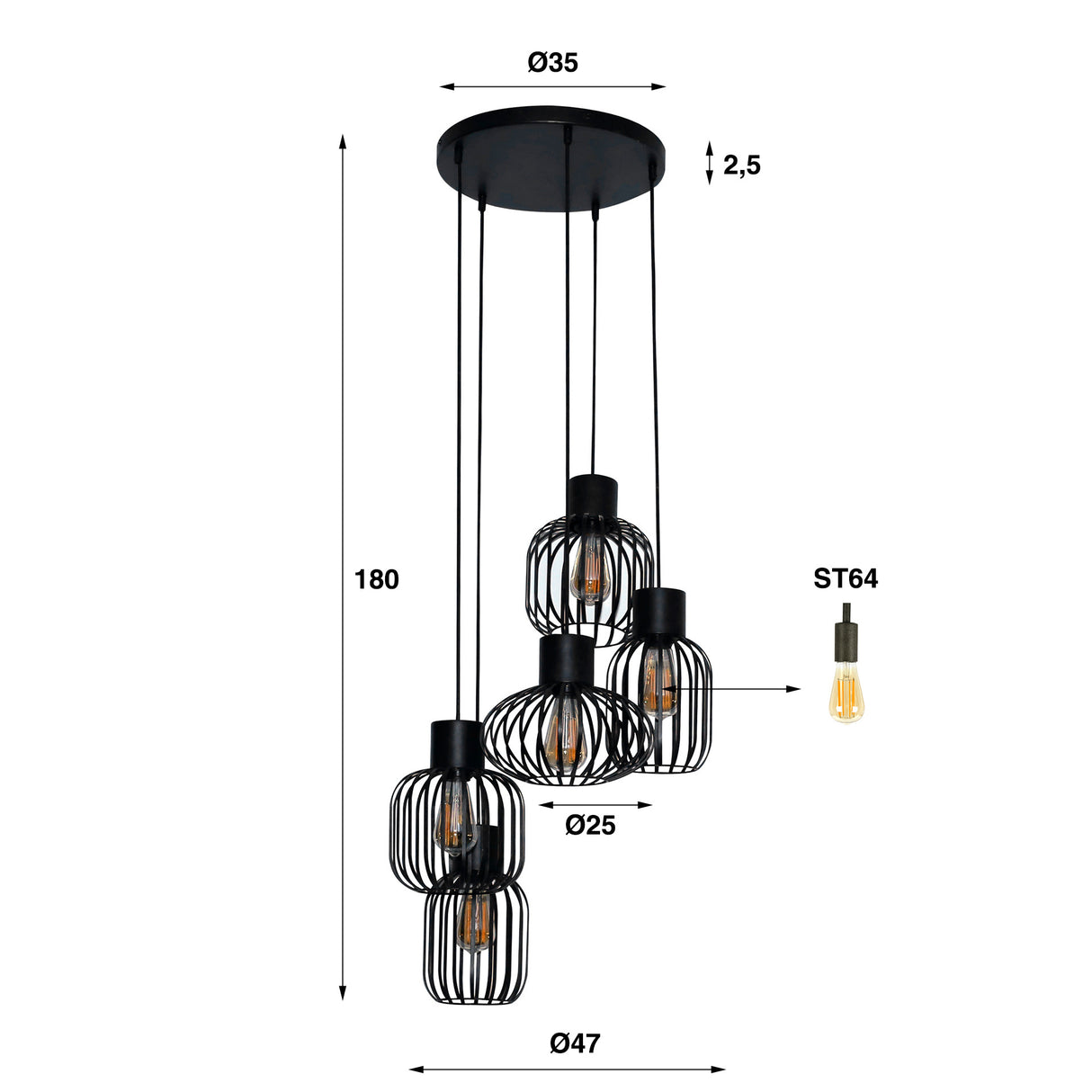 Hanging lamp Hannes DH Interior Charcoal LxWxH 51x51x19 Metal White photo size indication