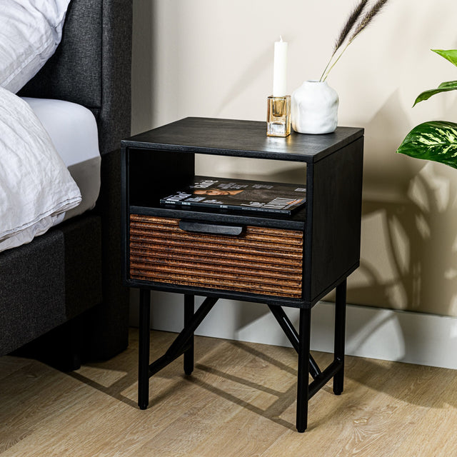 Bedside table Karel DH Interior Black Acacia wood Atmospheric photo diagonal front view