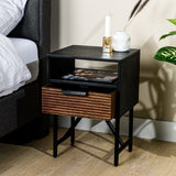 Bedside table Karel DH Interior Black Acacia wood Atmospheric photo diagonal front view