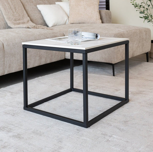 Side table Fien Dimehouse White LxWxH 63x63x10 Sintered stone Atmospheric photo diagonal front view