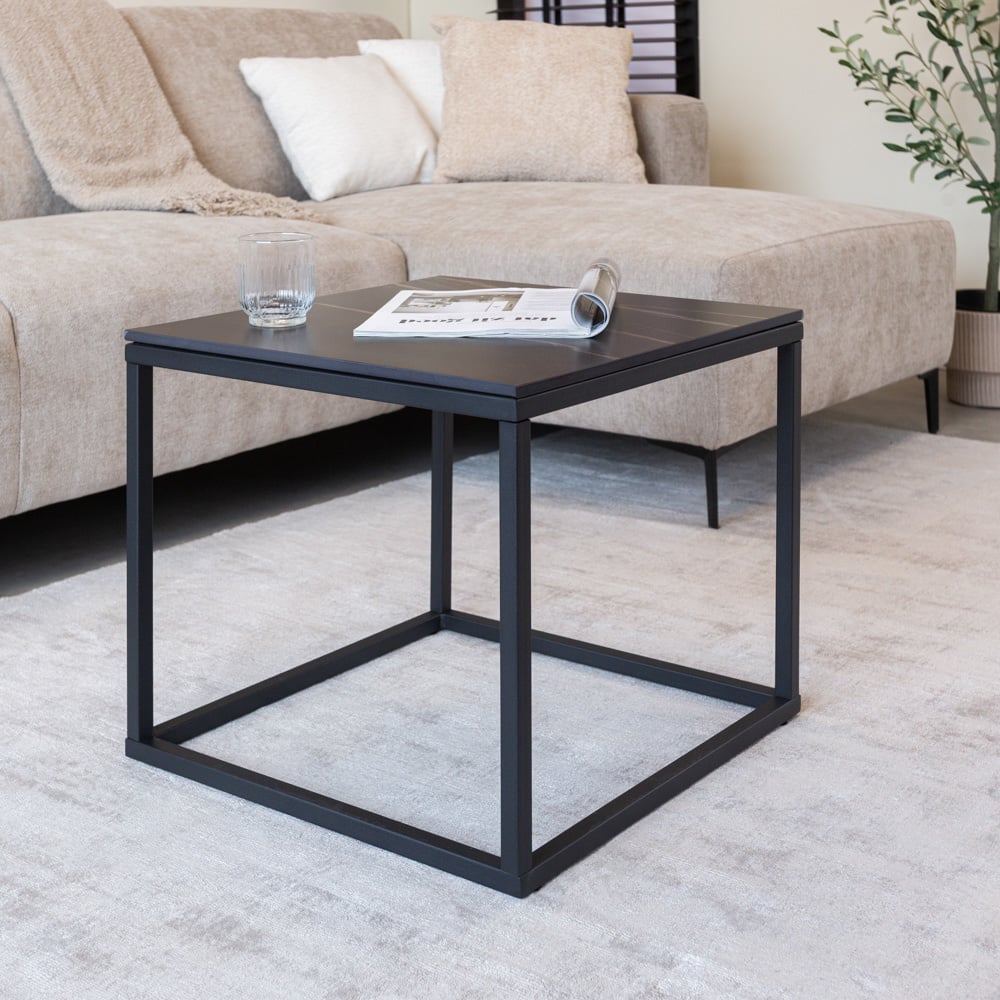 Side table Fien Dimehouse Black LxWxH 63x63x10 Sintered stone Atmospheric photo diagonal front view