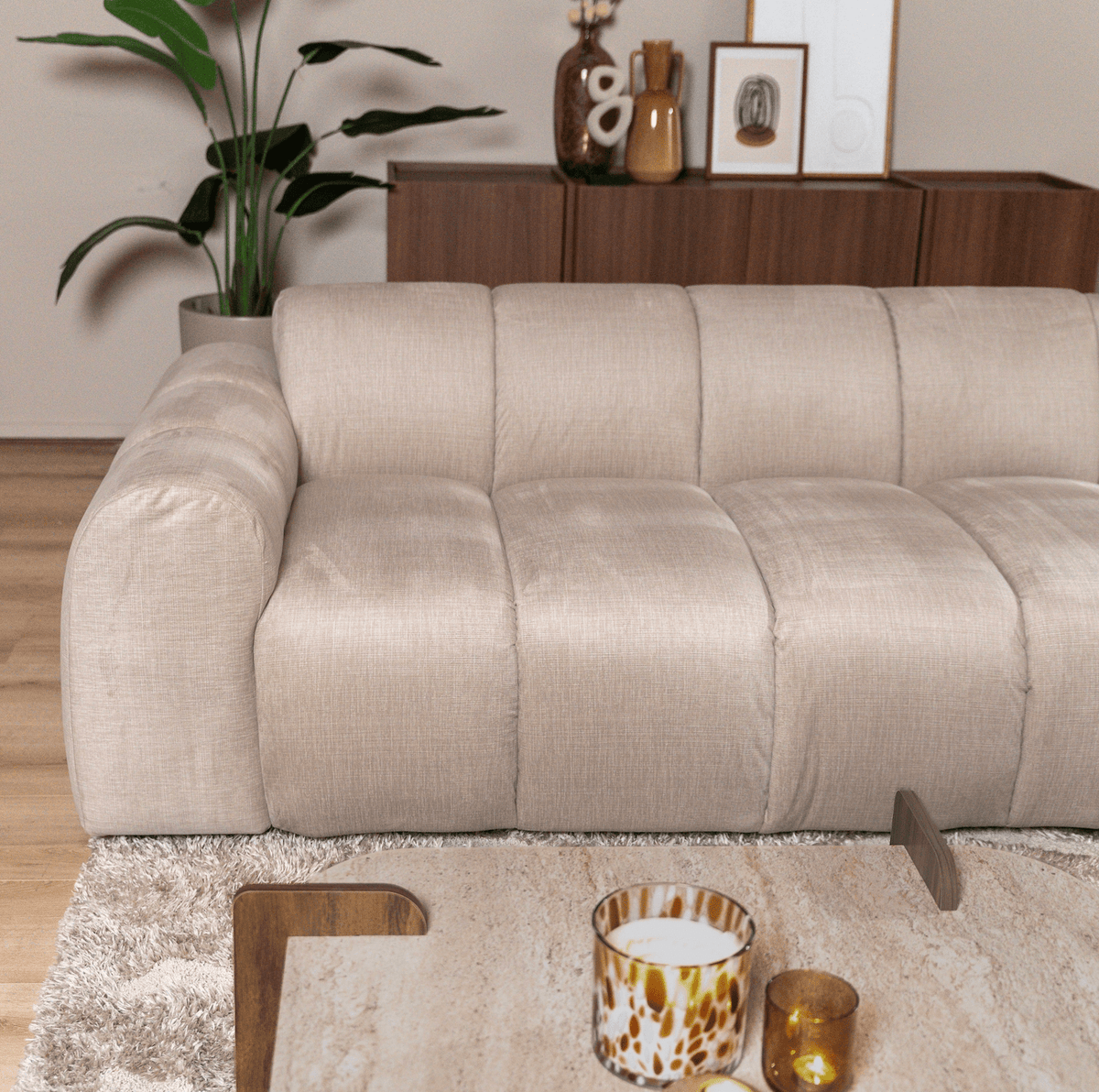 Sofas-Corner sofa with lounge beige velvet textured fabric - stripes - right - Brix-Dimehouse