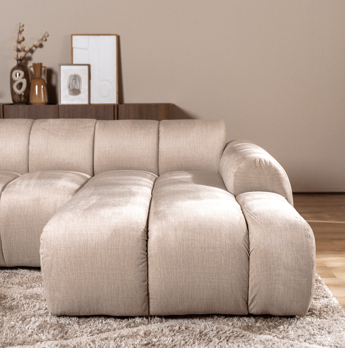 Sofas-Corner sofa with lounge beige velvet textured fabric - stripes - right - Brix-Dimehouse