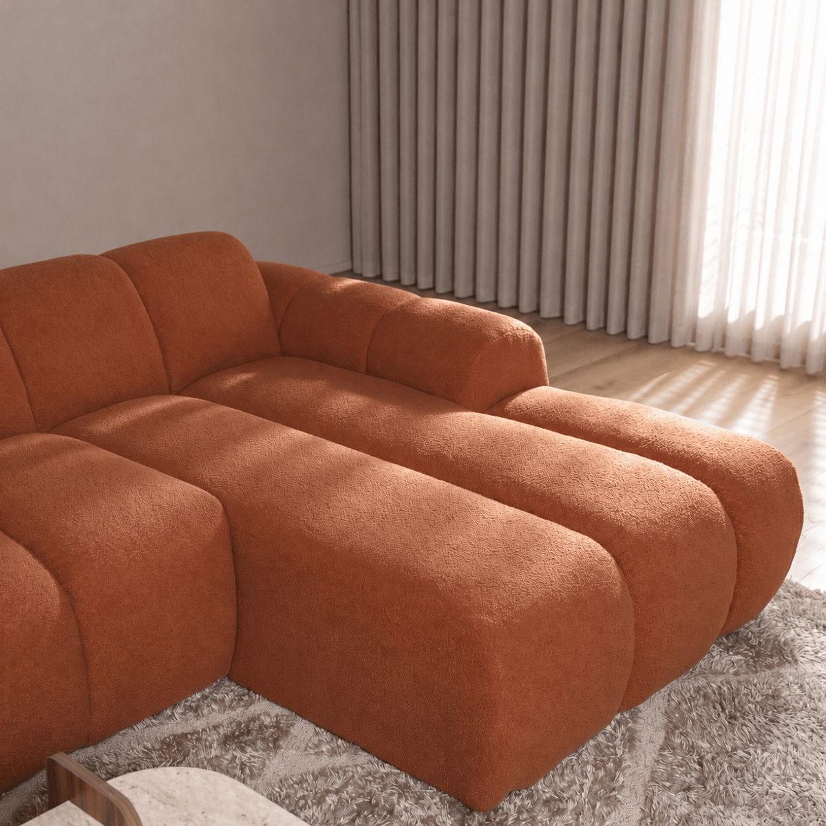 Sofas-Corner sofa with lounge copper bouclé fabric - stripes - right - Brix-Dimehouse
