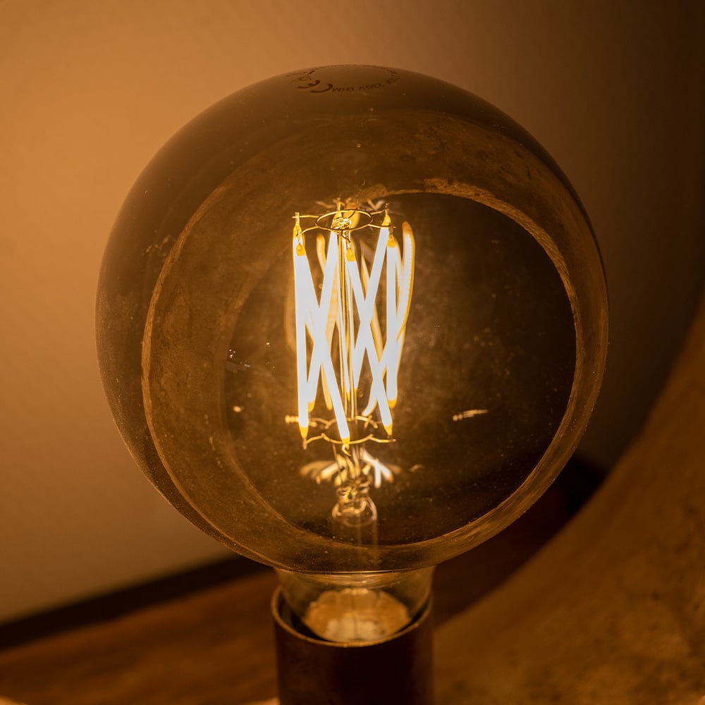 Light source LED filament Sphere Ø12.5 Smoke DH Interior Gray LxWxH 18x13x13 Glass Atmospheric photo diagonal front view