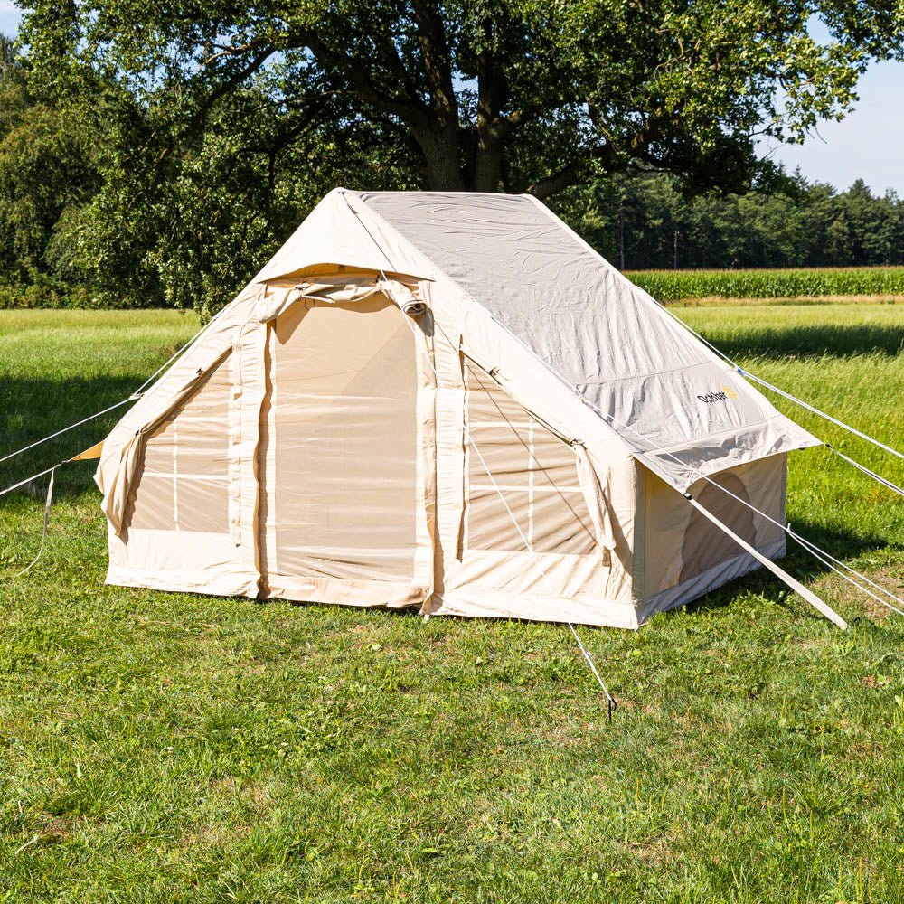 Tent Four person Inflatable Beige 300x200x210 cm Dimehouse Beige LxWxH 75x48x38 Cotton Atmospheric photo diagonal front view