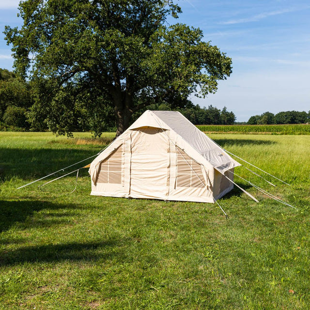 Tent Four person Inflatable Beige 300x200x210 cm Dimehouse Beige LxWxH 75x48x38 Cotton Atmospheric photo diagonal front view