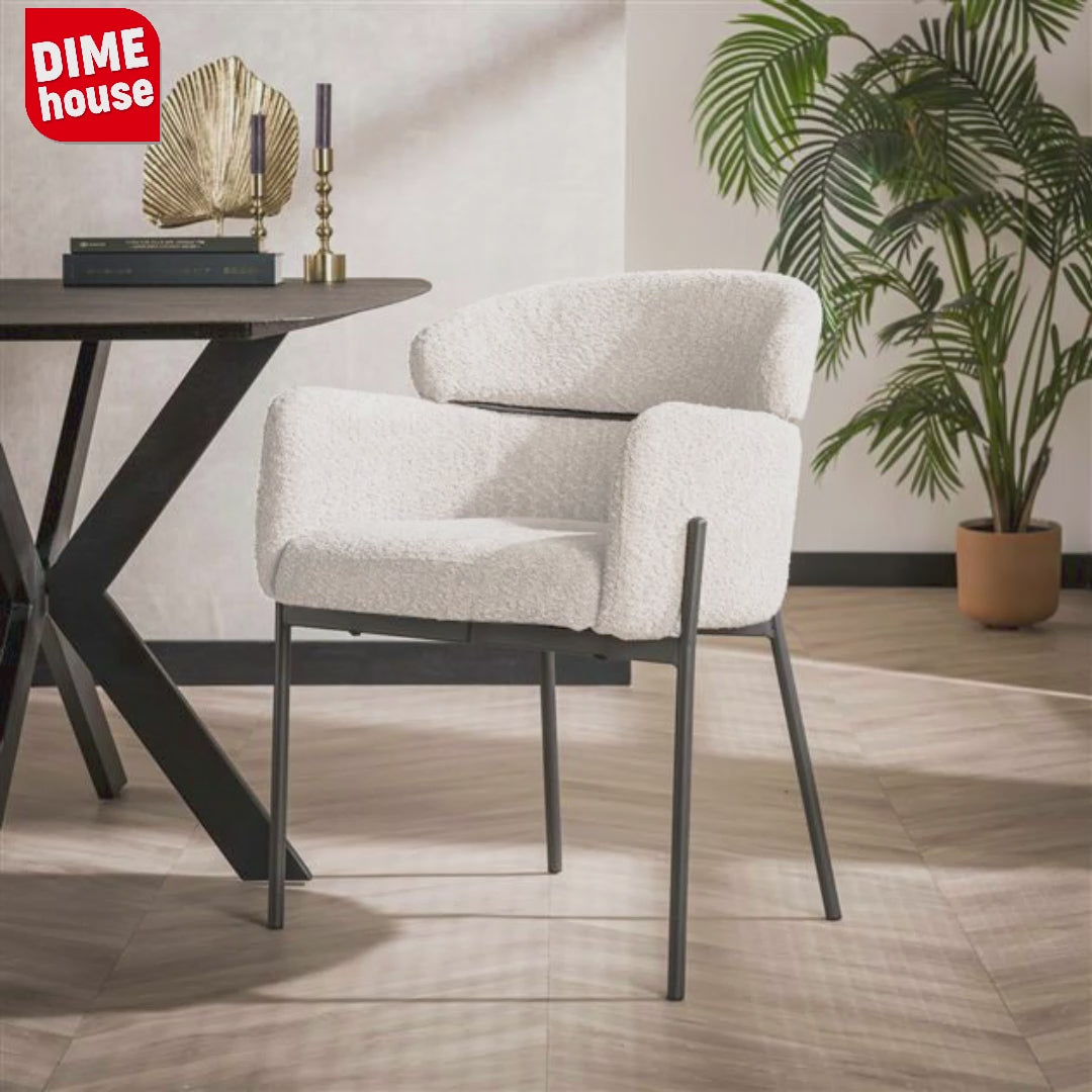 Dining chair Lola Bouclé fabric Beige with round back and arm 