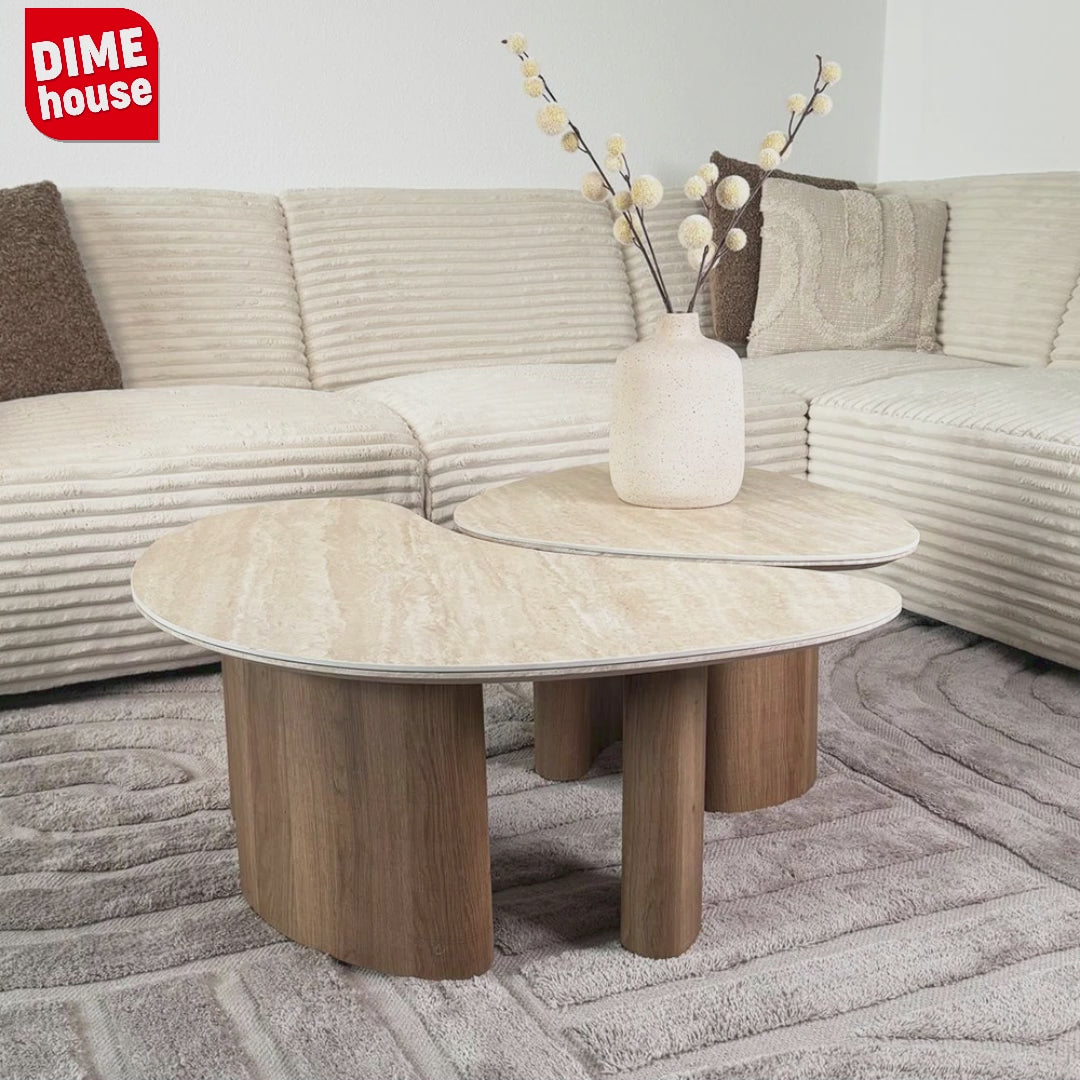 Set of 2 organic coffee tables Jimi travertine top with walnut base - Japandi