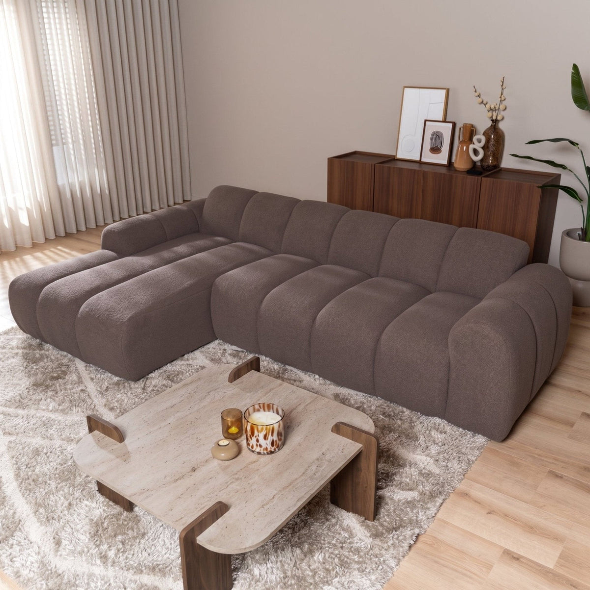 Sofas-Corner sofa with lounge soft brown bouclé fabric - stripes - left - Brix -Dimehouse