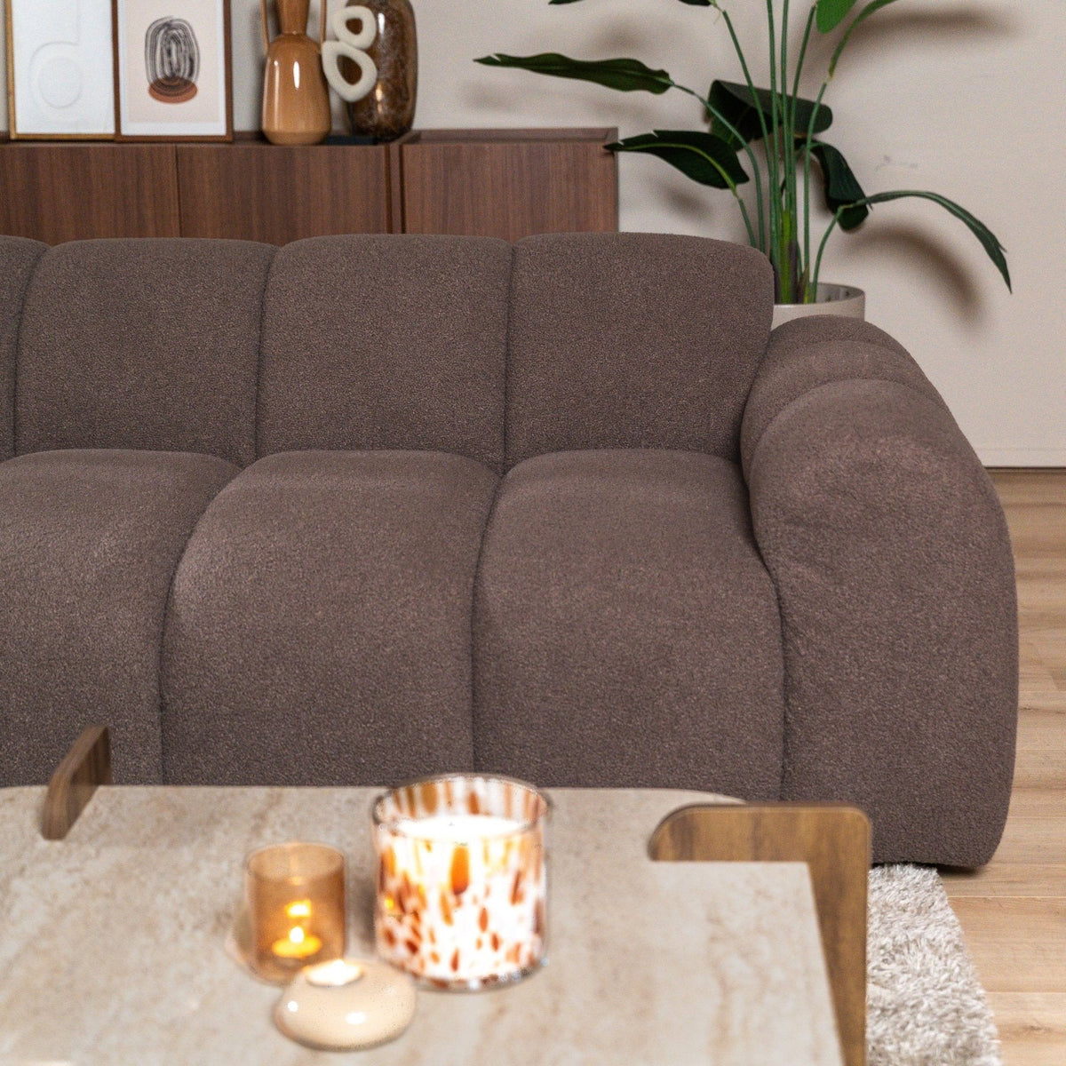 Sofas-Corner sofa with lounge soft brown bouclé fabric - stripes - left - Brix -Dimehouse