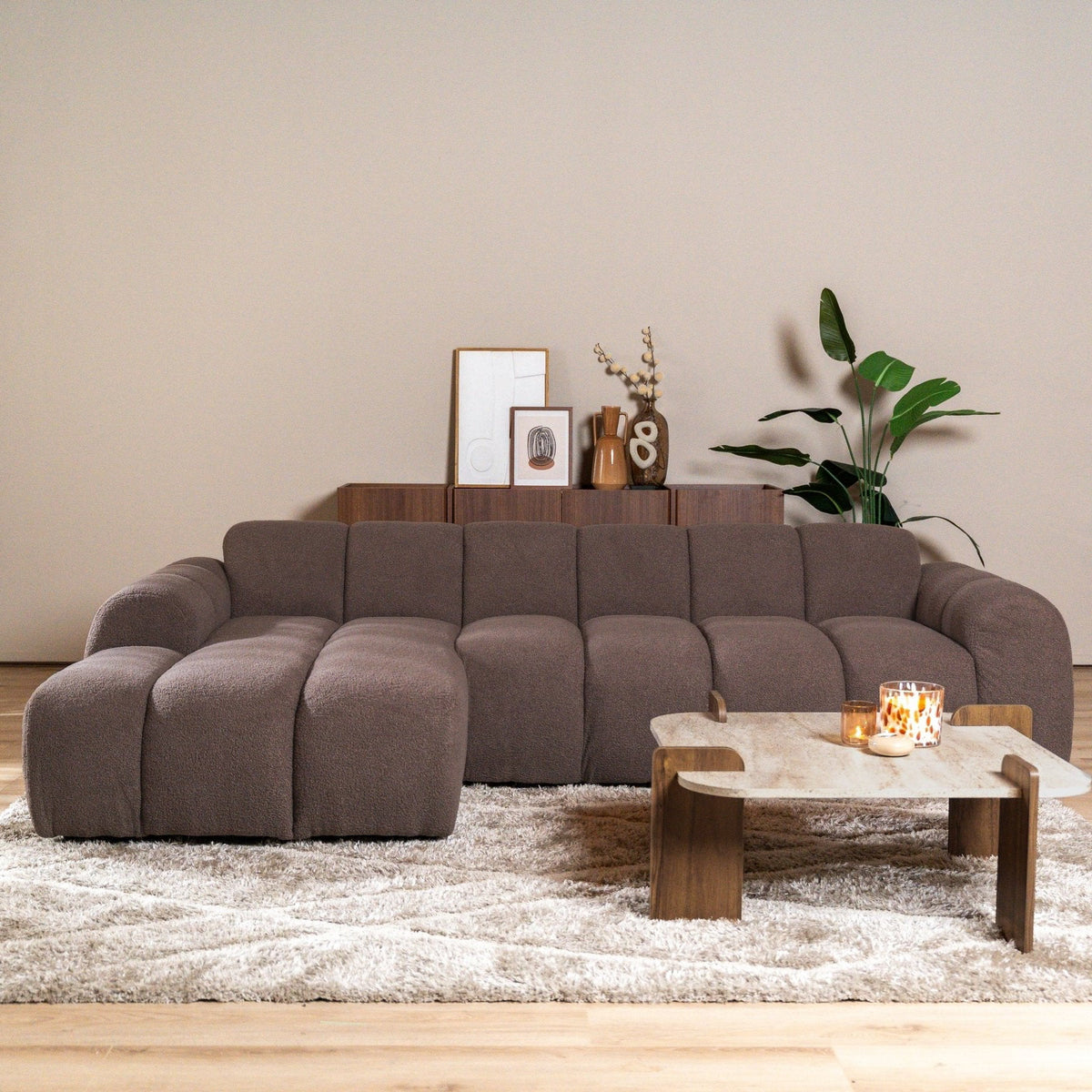Sofas-Corner sofa with lounge soft brown bouclé fabric - stripes - left - Brix -Dimehouse