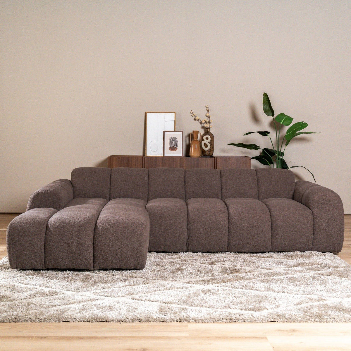 Sofas-Corner sofa with lounge soft brown bouclé fabric - stripes - left - Brix -Dimehouse
