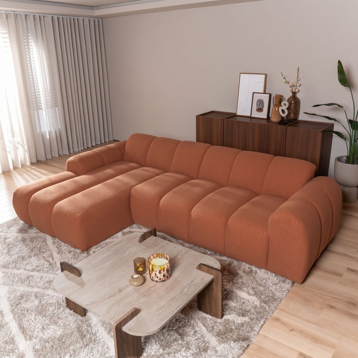 Sofas-Corner sofa with lounge copper bouclé fabric - stripes - left - Brix-Dimehouse