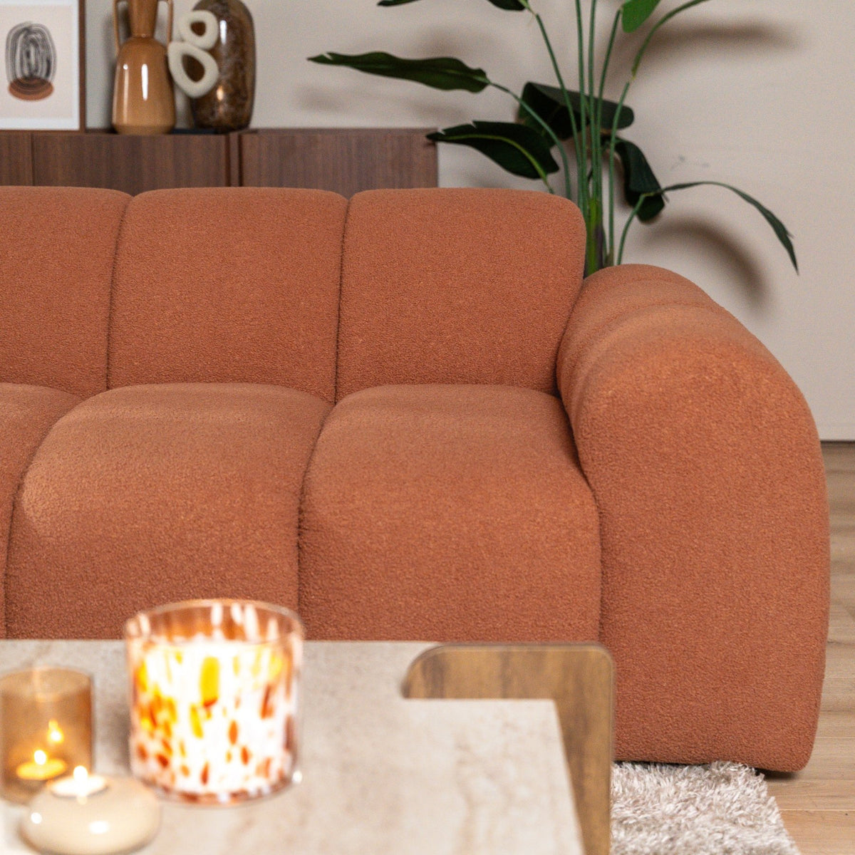 Sofas-Corner sofa with lounge copper bouclé fabric - stripes - left - Brix-Dimehouse