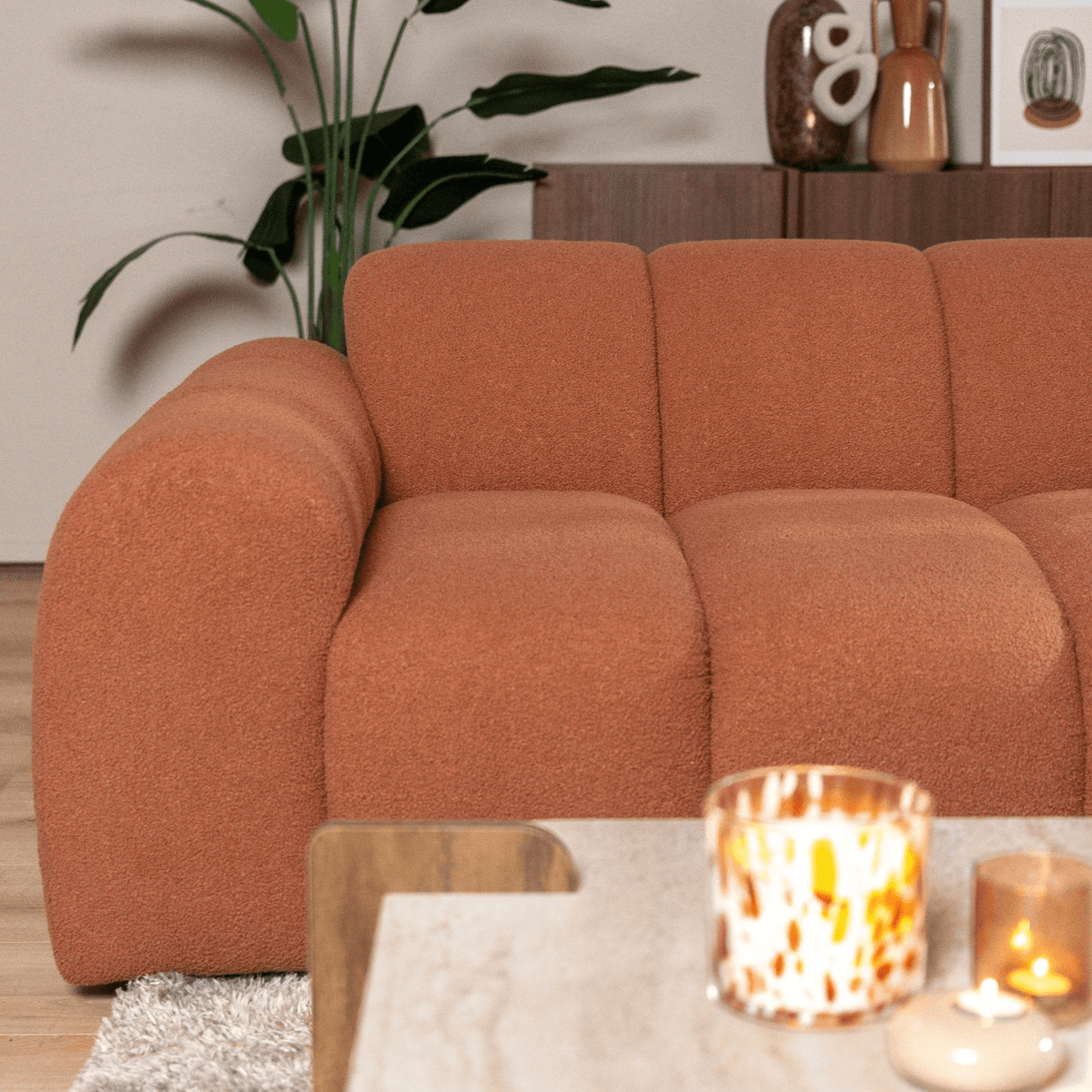 Sofas-Corner sofa with lounge copper bouclé fabric - stripes - right - Brix-Dimehouse