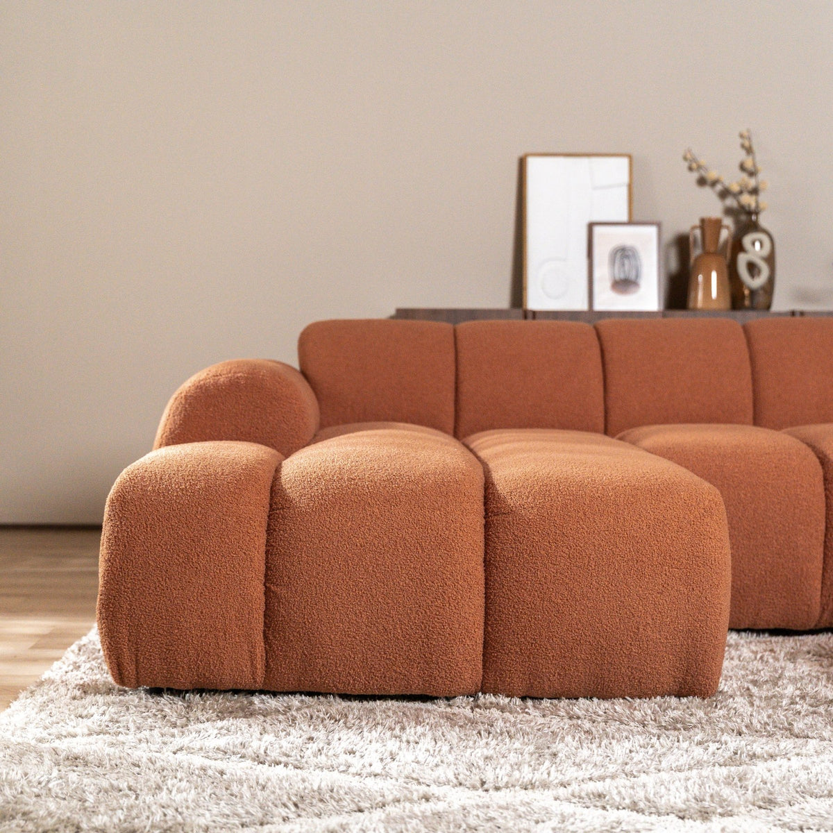 Sofas-Corner sofa with lounge copper bouclé fabric - stripes - left - Brix-Dimehouse
