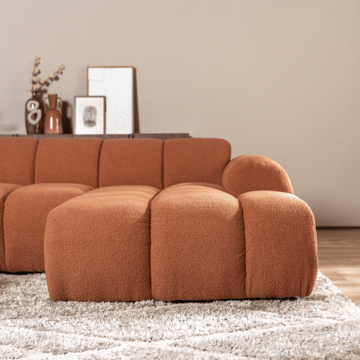 Sofas-Corner sofa with lounge copper bouclé fabric - stripes - right - Brix-Dimehouse
