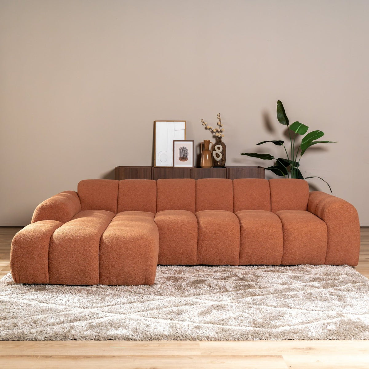 Sofas-Corner sofa with lounge copper bouclé fabric - stripes - left - Brix-Dimehouse