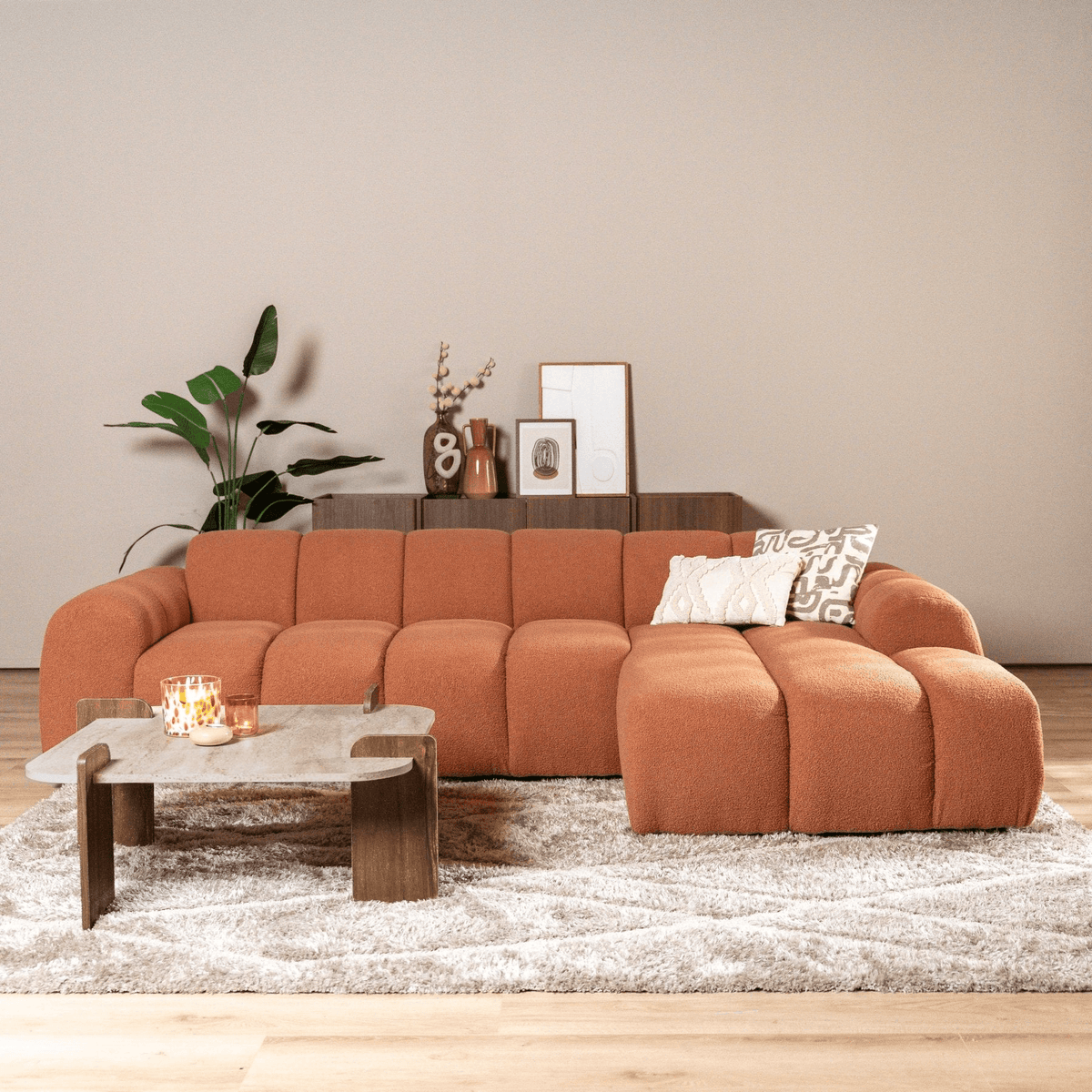 Sofas-Corner sofa with lounge copper bouclé fabric - stripes - right - Brix-Dimehouse