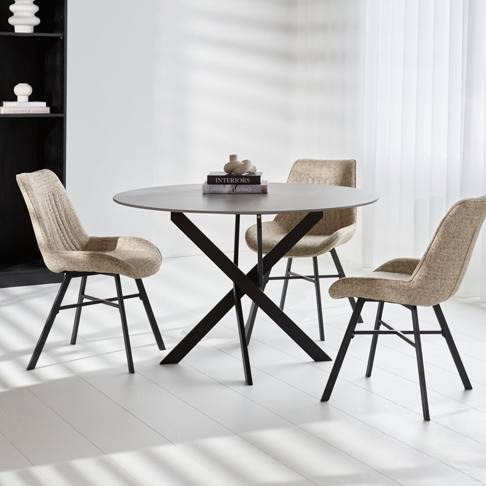 Vivian Gray dining table Dimehouse Gray LxWxH 120x16x7 Sintered stone Atmospheric photo diagonal front view