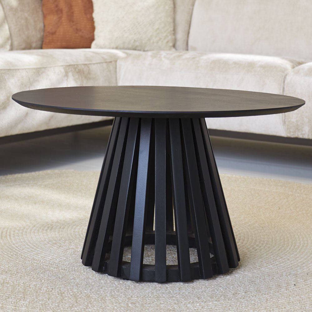 Coffee table Rory Black Dimehouse Black LxWxH 75x75x45 Acacia wood Atmospheric photo diagonal front view