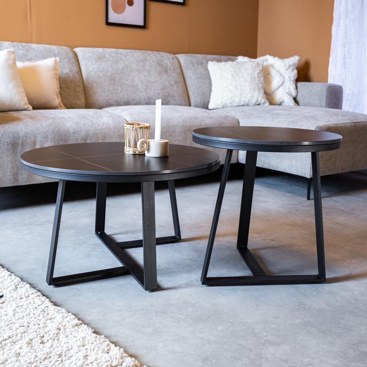 Coffee Table Set of 2 Tanner Round Marble Look Black Round 