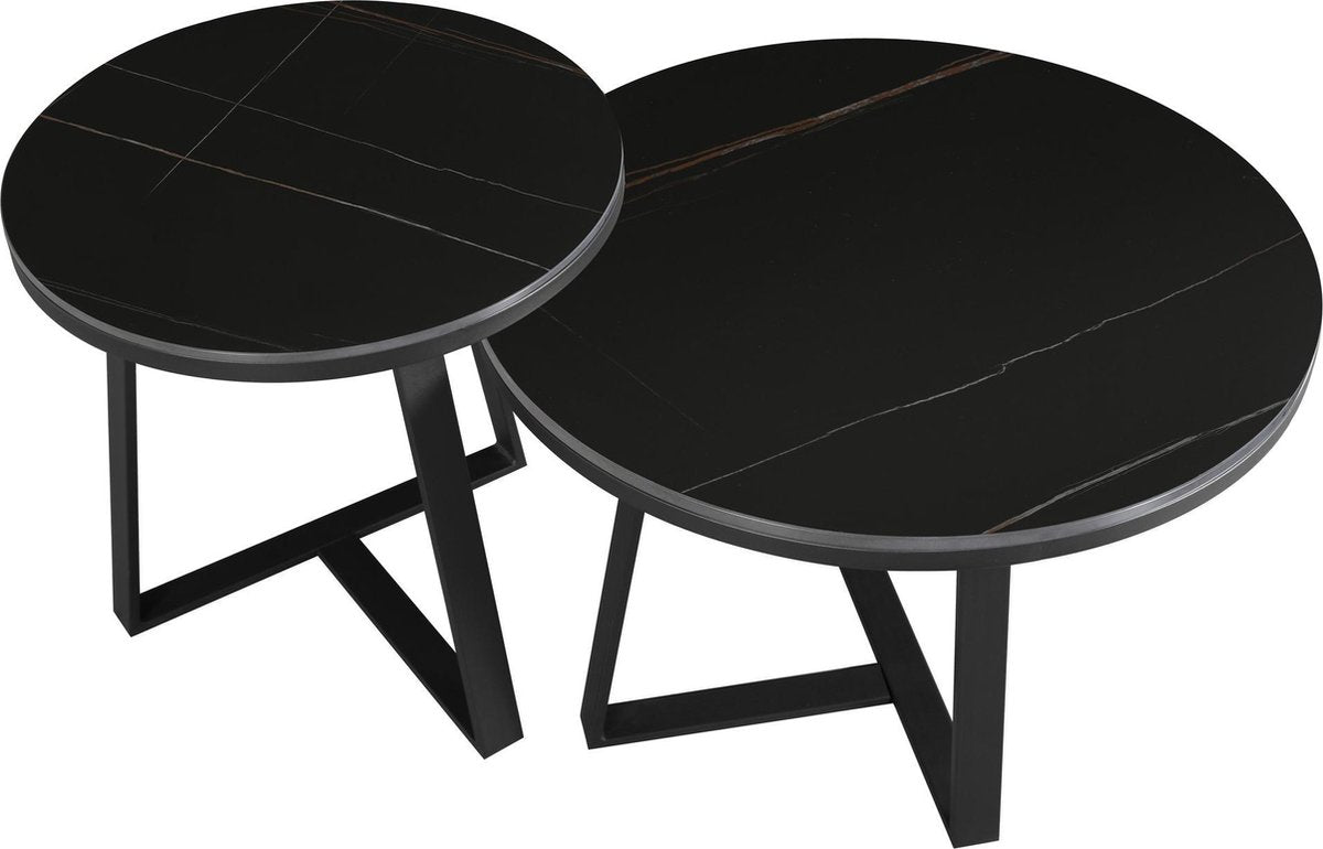Coffee Table Set of 2 Tanner Round Marble Look Black Round 