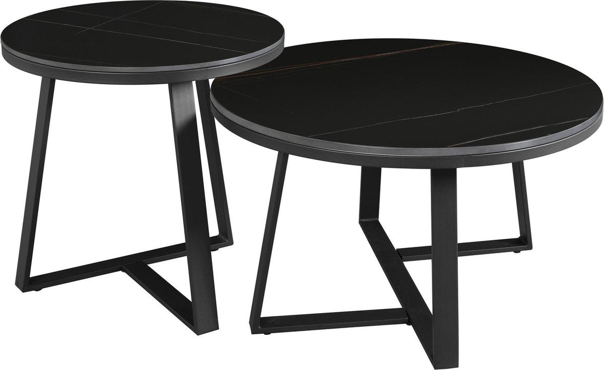 Coffee Table Set of 2 Tanner Round Marble Look Black Round 