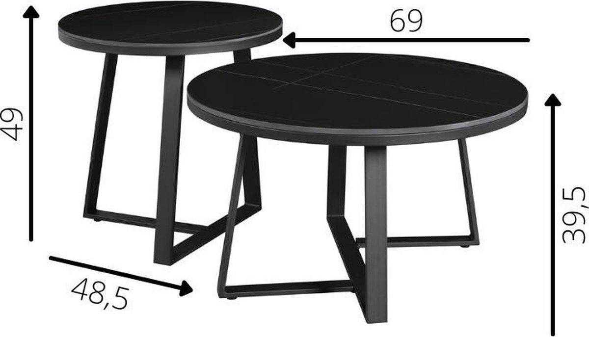 Coffee Table Set of 2 Tanner Round Marble Look Black Round 