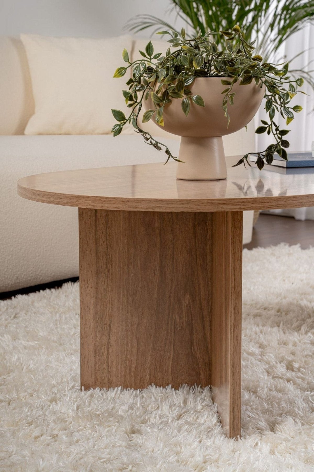 Coffee tables-Oval coffee table walnut melamine - Japandi - 119x60 cm - Sota-Dimehouse