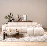 Sofas-Corner sofa with lounge beige velvet textured fabric - stripes - right - Brix-Dimehouse