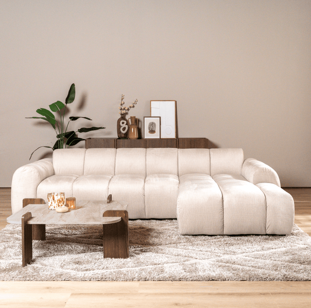 Sofas-Corner sofa with lounge beige velvet textured fabric - stripes - right - Brix-Dimehouse