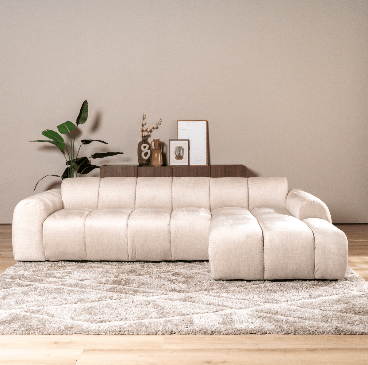 Sofas-Corner sofa with lounge beige velvet textured fabric - stripes - right - Brix-Dimehouse