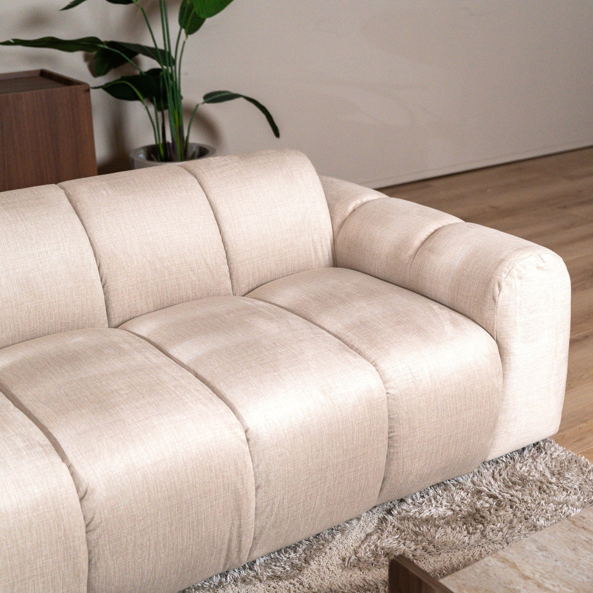 Sofas-Corner sofa with lounge beige velvet textured fabric - stripes - left - Brix-Dimehouse