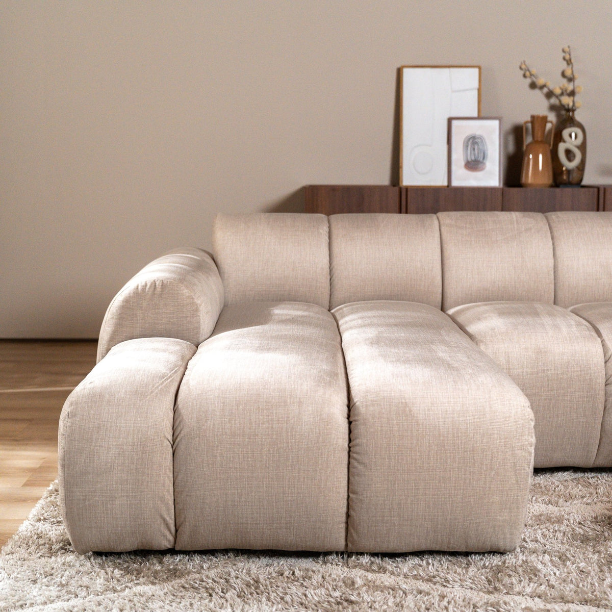 Sofas-Corner sofa with lounge beige velvet textured fabric - stripes - left - Brix-Dimehouse