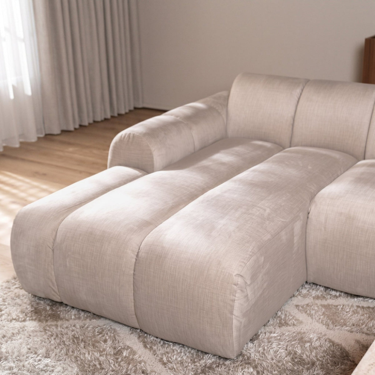 Sofas-Corner sofa with lounge beige velvet textured fabric - stripes - left - Brix-Dimehouse