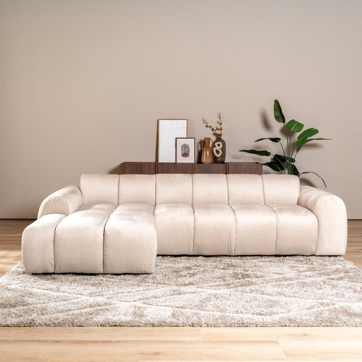 Sofas-Corner sofa with lounge beige velvet textured fabric - stripes - left - Brix-Dimehouse
