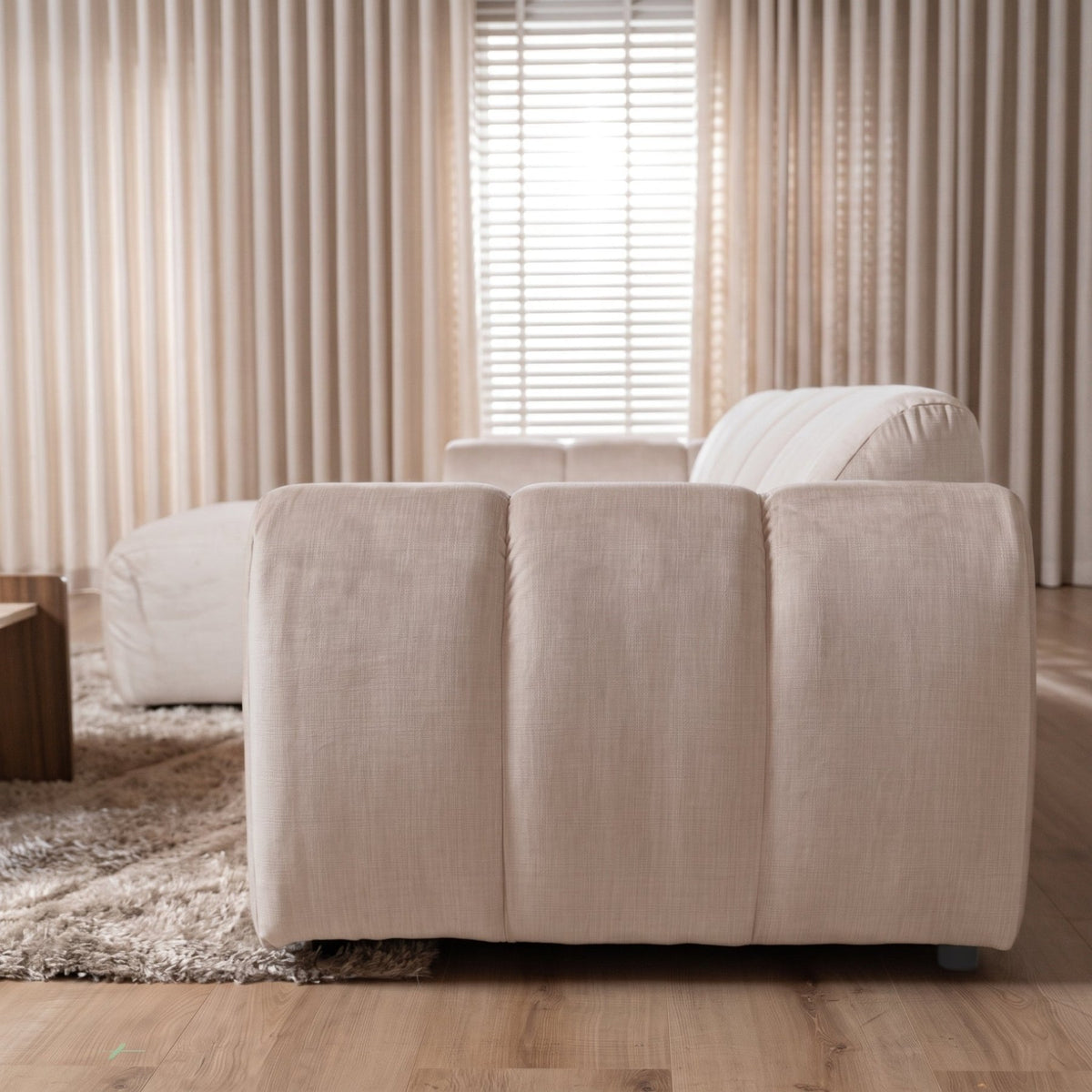 Sofas-Corner sofa with lounge beige velvet textured fabric - stripes - left - Brix-Dimehouse