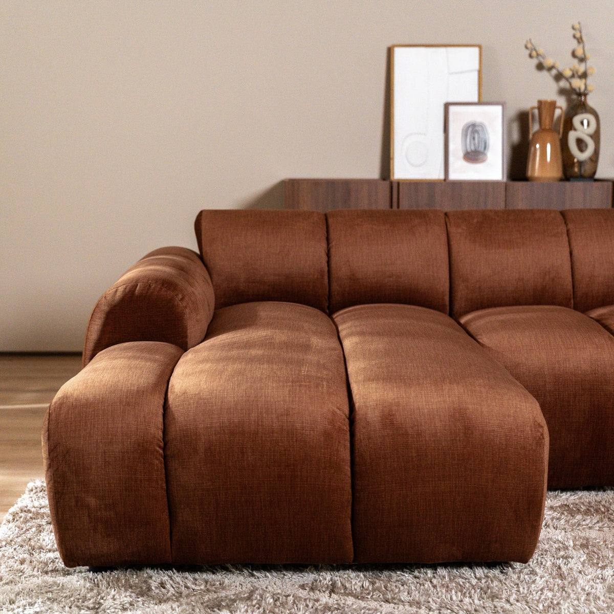Sofas-Corner sofa with lounge copper velvet textured fabric - stripes - left - Brix-Dimehouse