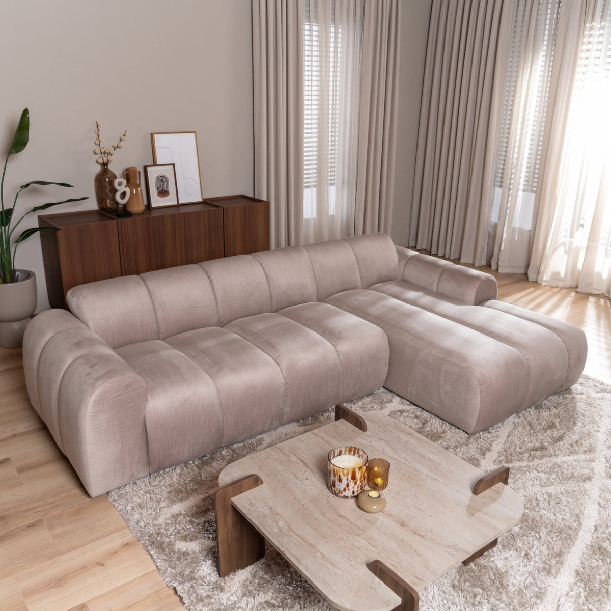 Sofas-Corner sofa with lounge sand velvet textured fabric - stripes - right - Brix-Dimehouse