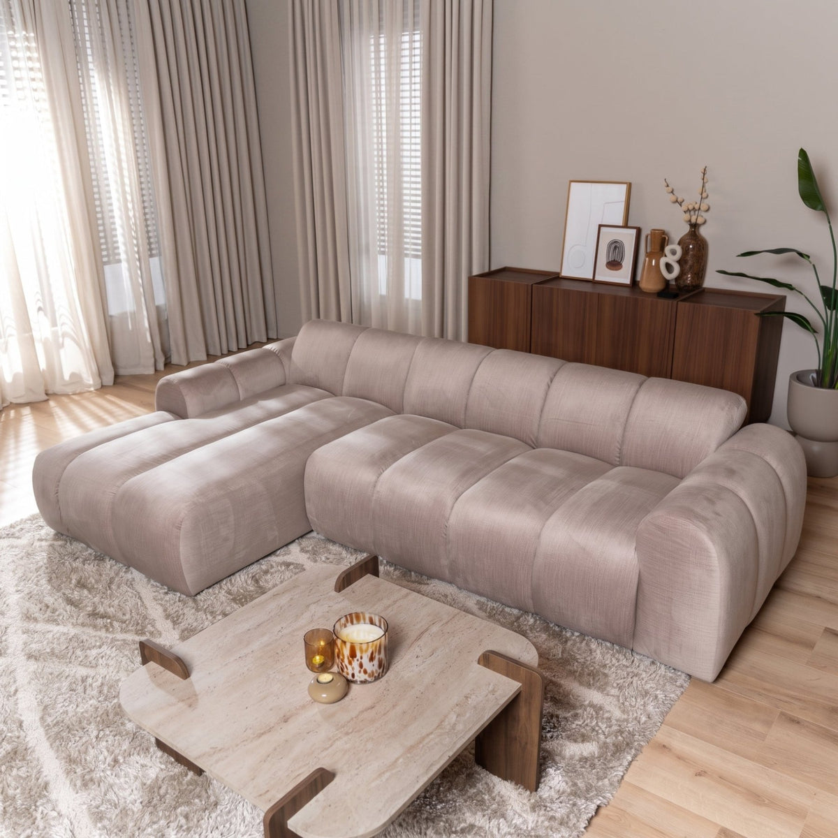 Sofas-Corner sofa with lounge sand velvet textured fabric - stripes - left - Brix-Dimehouse