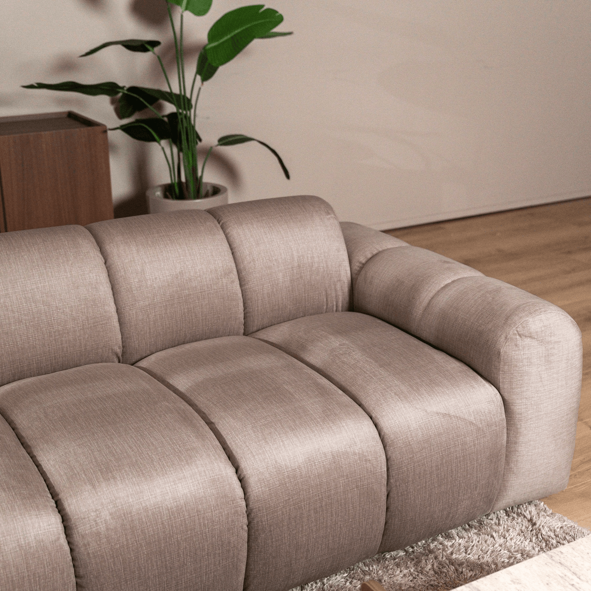 Sofas-Corner sofa with lounge sand velvet textured fabric - stripes - left - Brix-Dimehouse