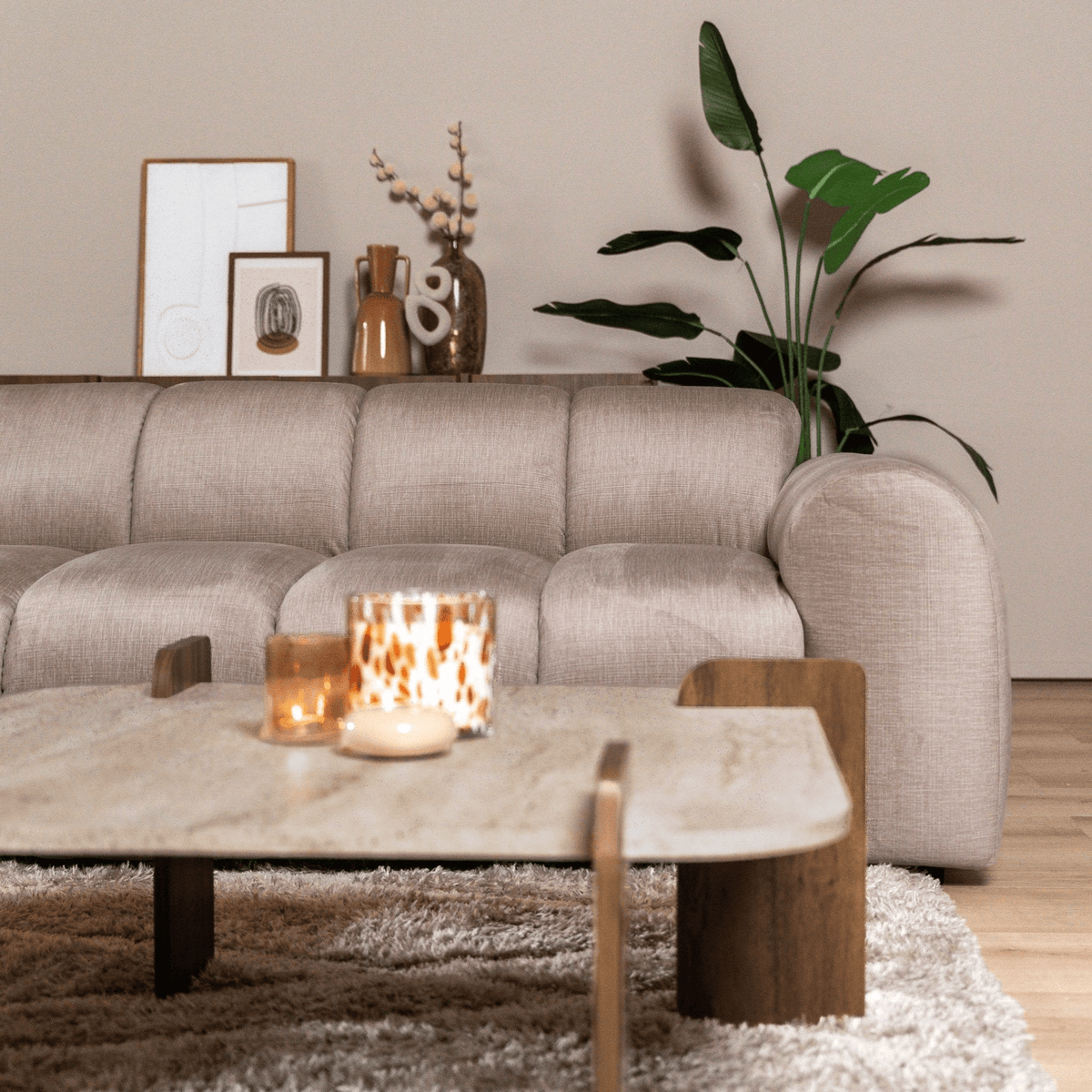 Sofas-Corner sofa with lounge sand velvet textured fabric - stripes - left - Brix-Dimehouse