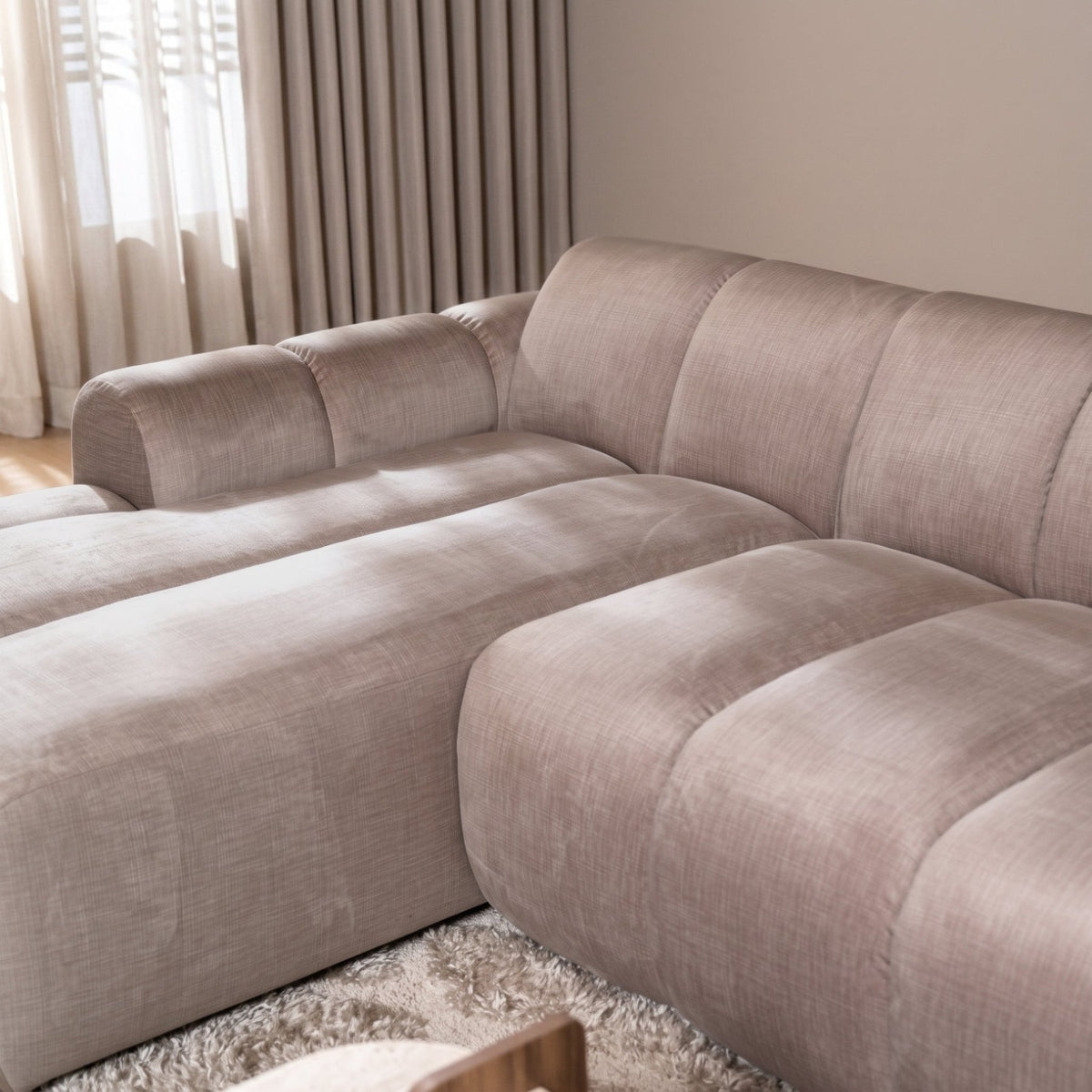 Sofas-Corner sofa with lounge sand velvet textured fabric - stripes - left - Brix-Dimehouse